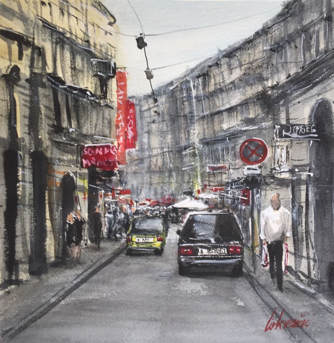 Impressionistic Cityscapes Watercolour By Tihomir Cirkvencic, 14 X 14", Cityscape 18 - Squared 36X36, Original Artwork