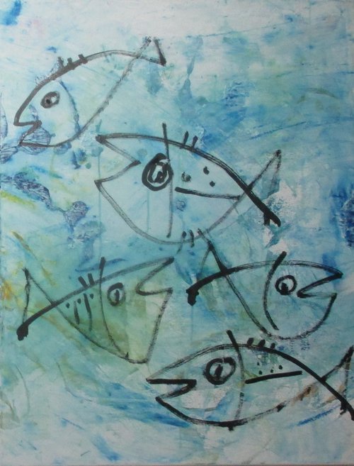 fishes 2 jumping  - acrylpainting 90x70cm 35,4  x 27,5 inch by Sonja Zeltner-Müller