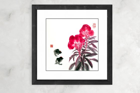 Celosia, two chicks and ladybug  - Oriental Chinese Ink Painting