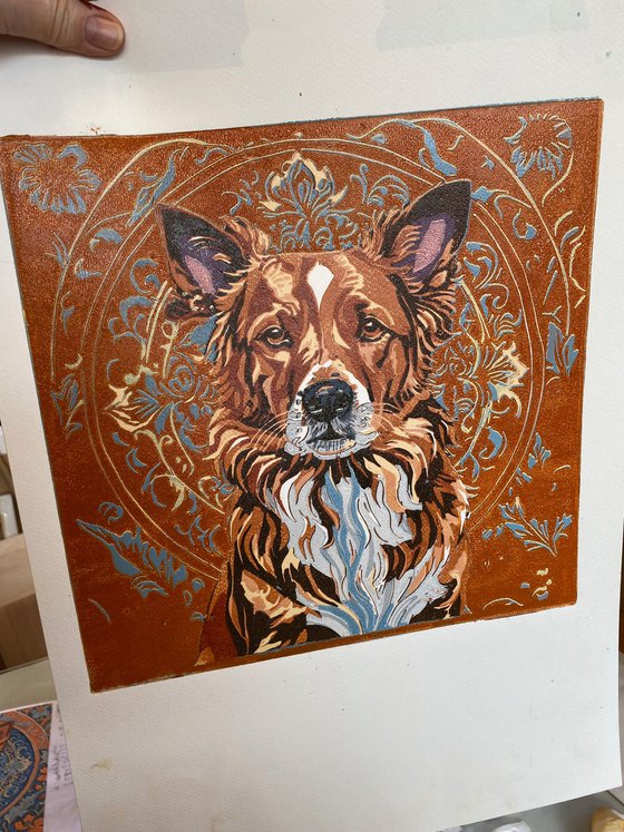 Dog – reduction linocut print