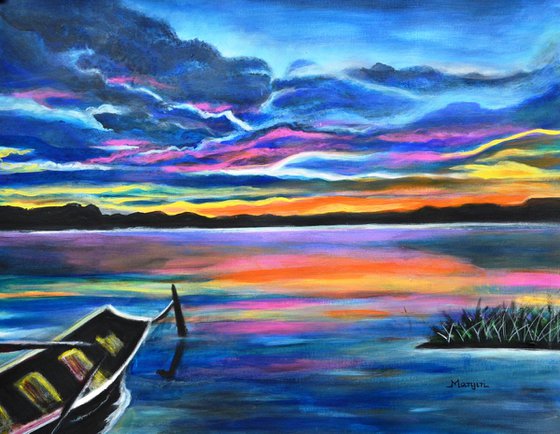 Left Alone sunset seascape Painting with boat a gift idea