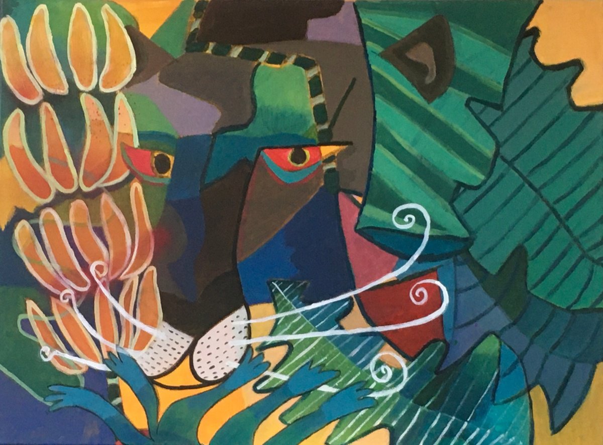 Illustrative Animal Painting By Chihiro Kinjo, 31 X 24, Black Panther, Original Artwork