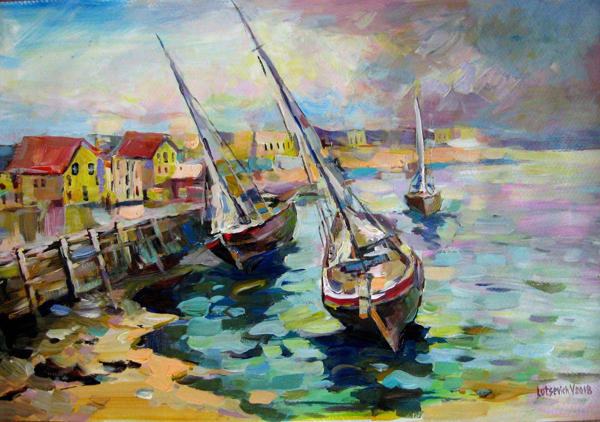 Impressionistic Landscape Acrylic Painting By Vladimir Lutsevich, 18 X 12", Fisherman