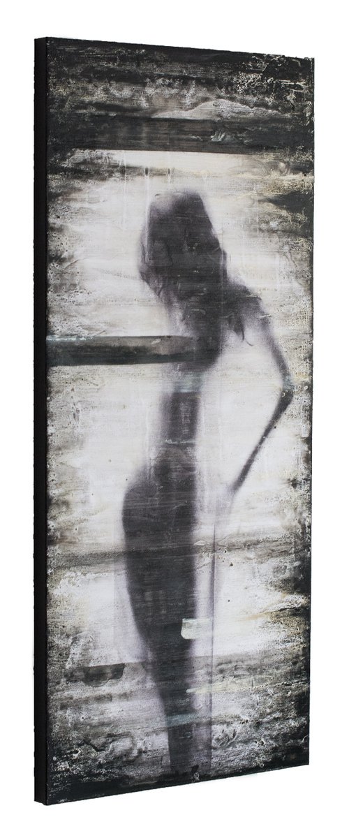 "The lady in the shadows" (80x35x2.5 cm) - Unique figurative artwork on wood (abstract, figurative, gold, original, resin, beeswax, painting) by Rouzbeh Tahmassian