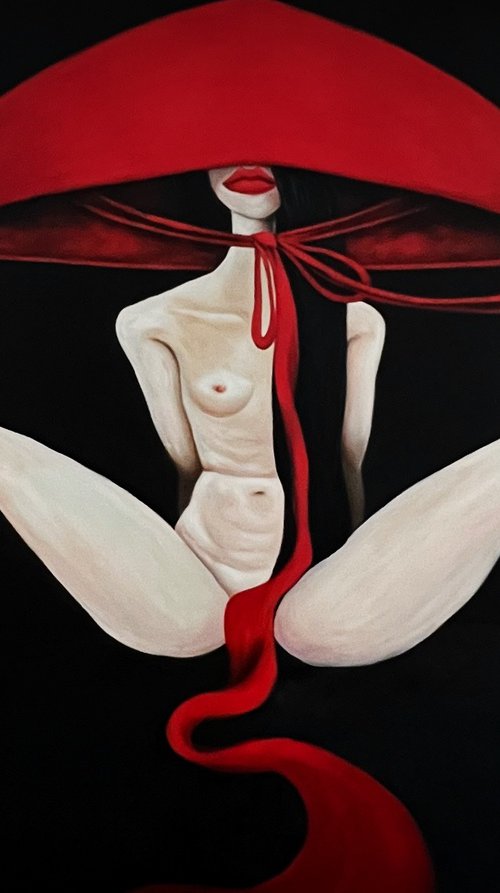 Nude woman in a red hat by Ta Byrne