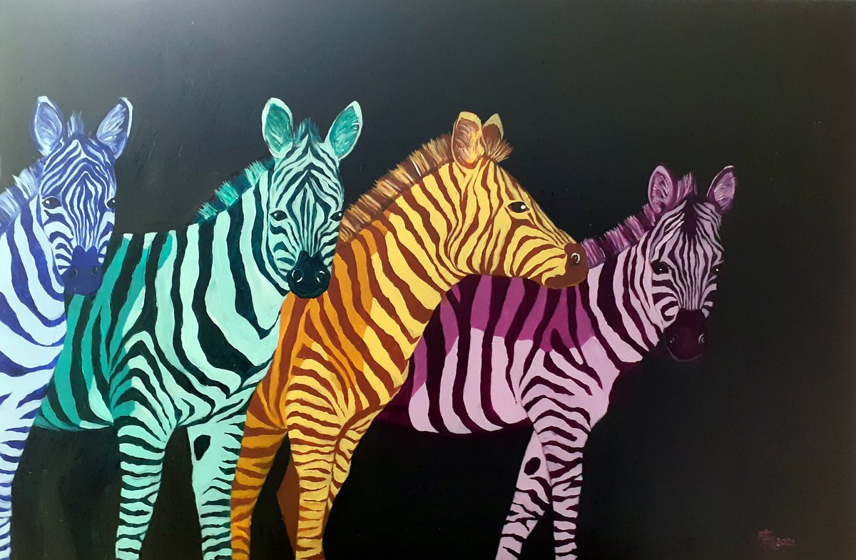 Impressionistic Animal Acrylic Painting By Terri Smith, 35 X 24", Zebras, Original Artwork
