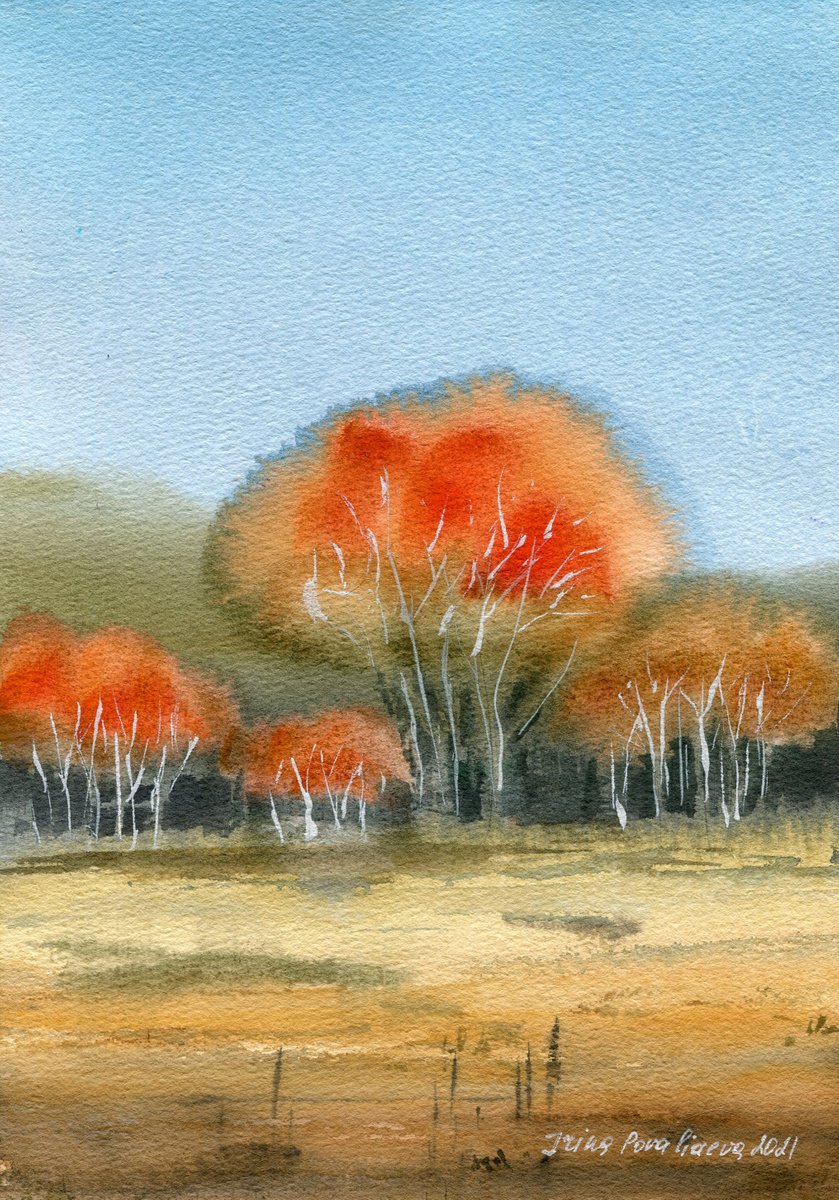 Autumn orange trees original artwork, blue sky landscape, small painting by Irina Povaliaeva
