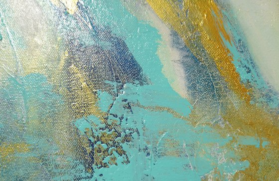 Blue and Gold Contemporary Abstract Landscape Painting. Modern Textured Art