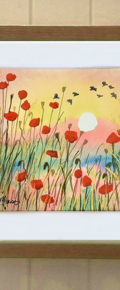Poppies in the Sun Two - mounted watercolour, small gift idea by Lisa Mann