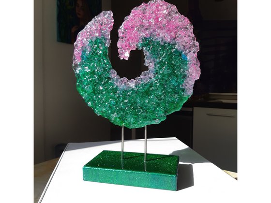 Emerald glass wave, 3D Crushed glass sculpture, Unique gift, Home Decor, Luxury art, Glass Epoxy sculpture, Standing sculpture bilateral
