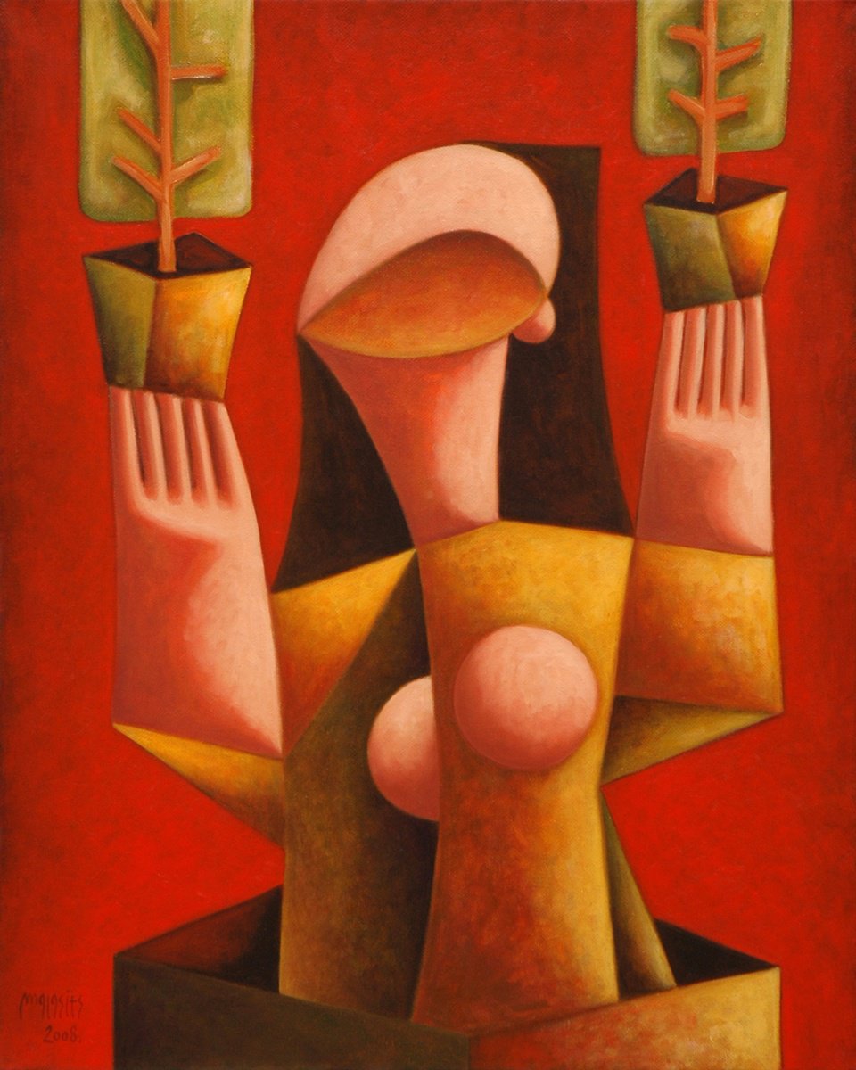 Surrealistic Portrait Oil Painting By Malasits Zsolt, 31 X 39", Harmony With Nature, Original Artwork