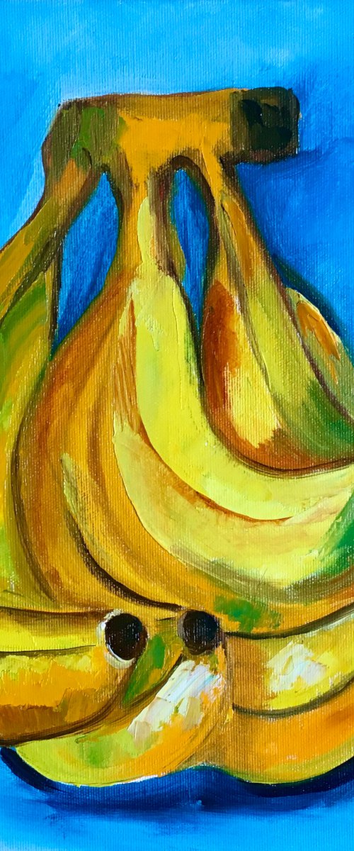 Bananas on  turquoise  Still life. Palette knife painting on linen canvas by Olga Koval