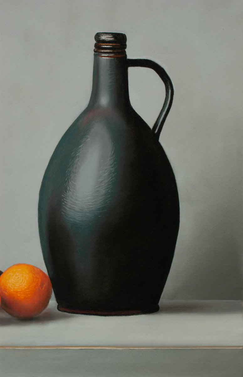 Photorealistic Still Life Pastel Drawing By Dietrich Moravec, 20 X 16, Black Jug, Original Artwork