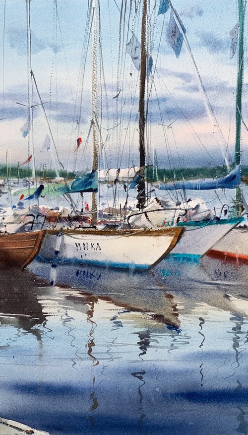 Moored yachts at sunset by Eugenia Gorbacheva