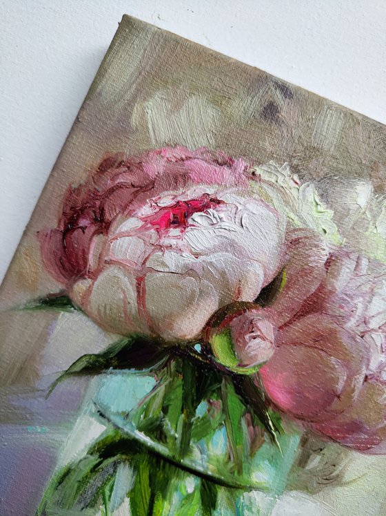 Peony pink floral wall art painting original, Framed peony painting