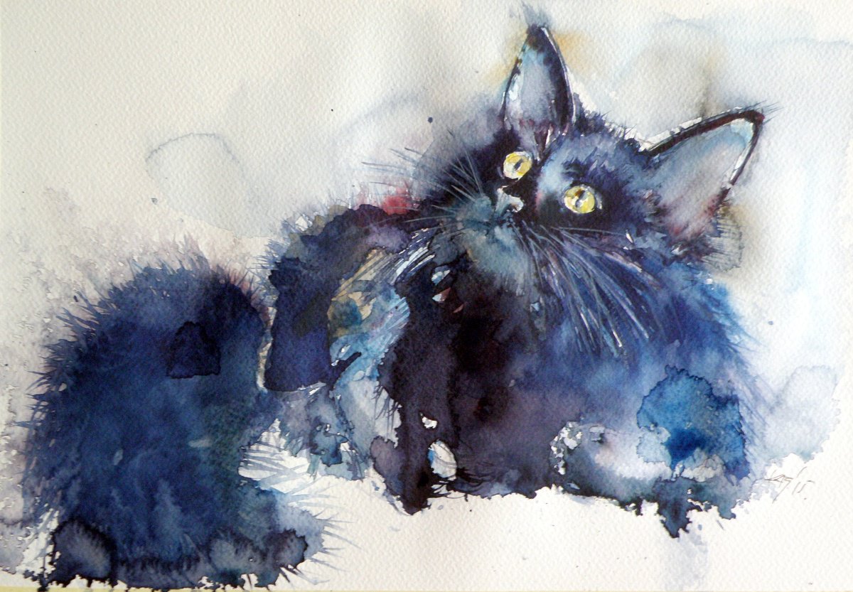 Impressionistic Animal Watercolour By Kovacs Anna Brigitta, 10 X 15", Cat, Original Artwork