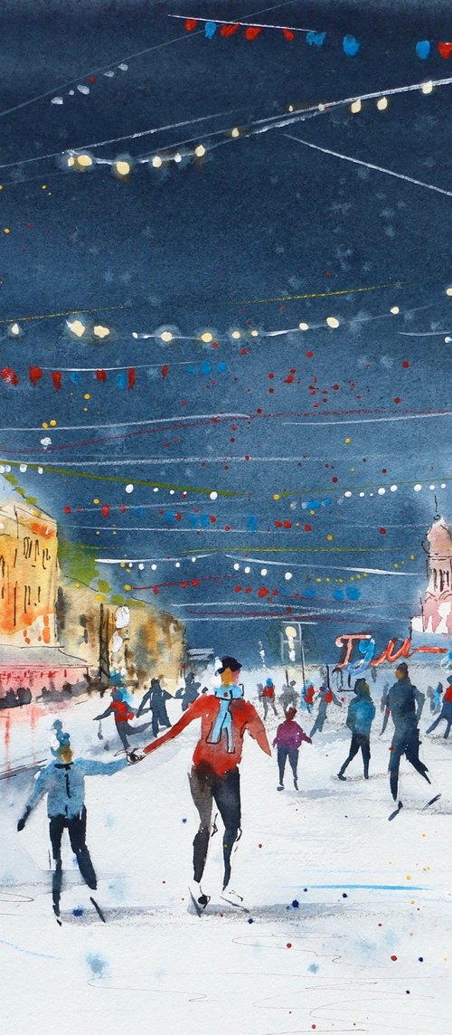 Skating rink on Red Square, Moscow. Original watercolor artwork. by Evgeniya Mokeeva