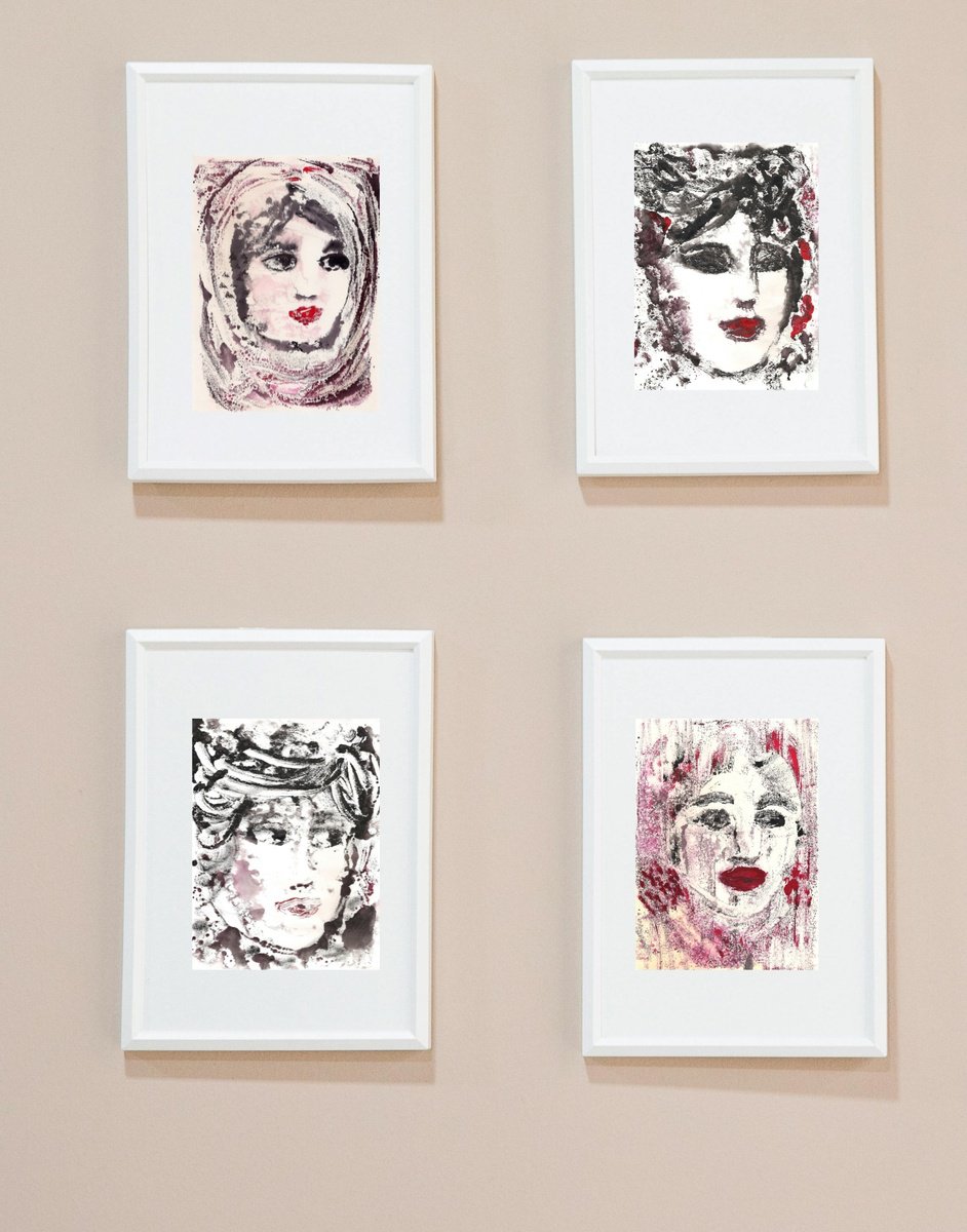 Expressive Portrait Painting By Asha Shenoy, 17 X 23, Women Portrait 1 Set Of 4, Original Artwork