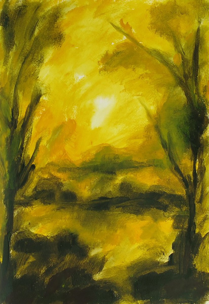 Impressionistic Landscape Acrylic Painting By Fabienne Monestier, 11 X 15, In The Forest At Dusk 1, Original Artwork