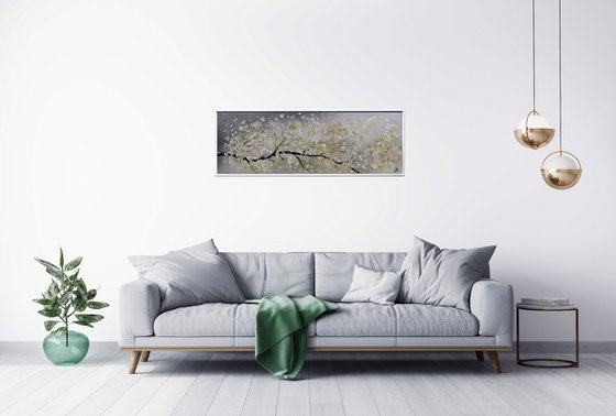 Golden Day -  acrylic abstract painting cherry blossoms nature painting framed canvas wall art