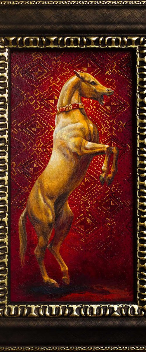 Golden Akhal-Teke. Miniature oil painting by Ekaterina Styazhkina