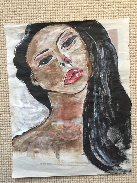 Lushes Acrylic on Newspaper Face Art Woman Portrait Red Lips 37x29cm Gift Ideas Original Art Modern Art Contemporary Painting Abstract Art For Sale Free Shipping