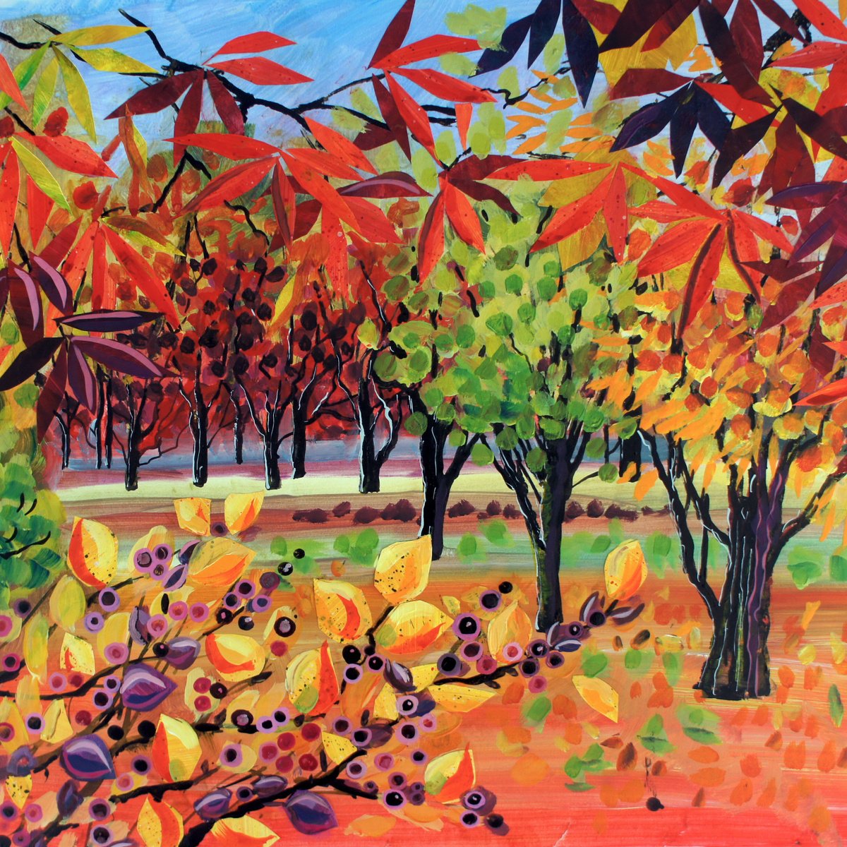 Impressionistic Painting , Red Acers Purple Berries By Julia Rigby, 26 X 26, Artwork For Sale On Artfinder