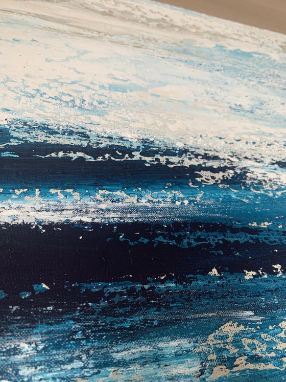 Blue seascape Gray White Abstract Art.