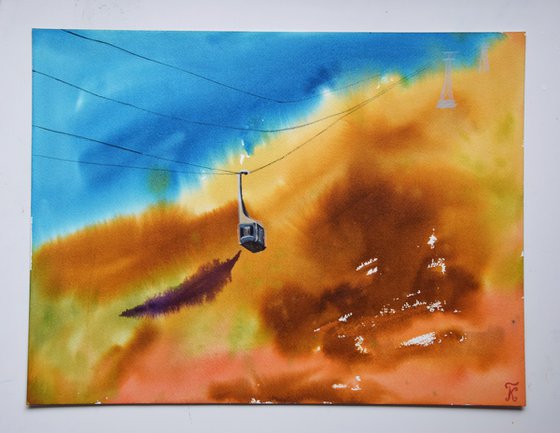 Mountain cable car watercolor painting, volcano landscape original artwork