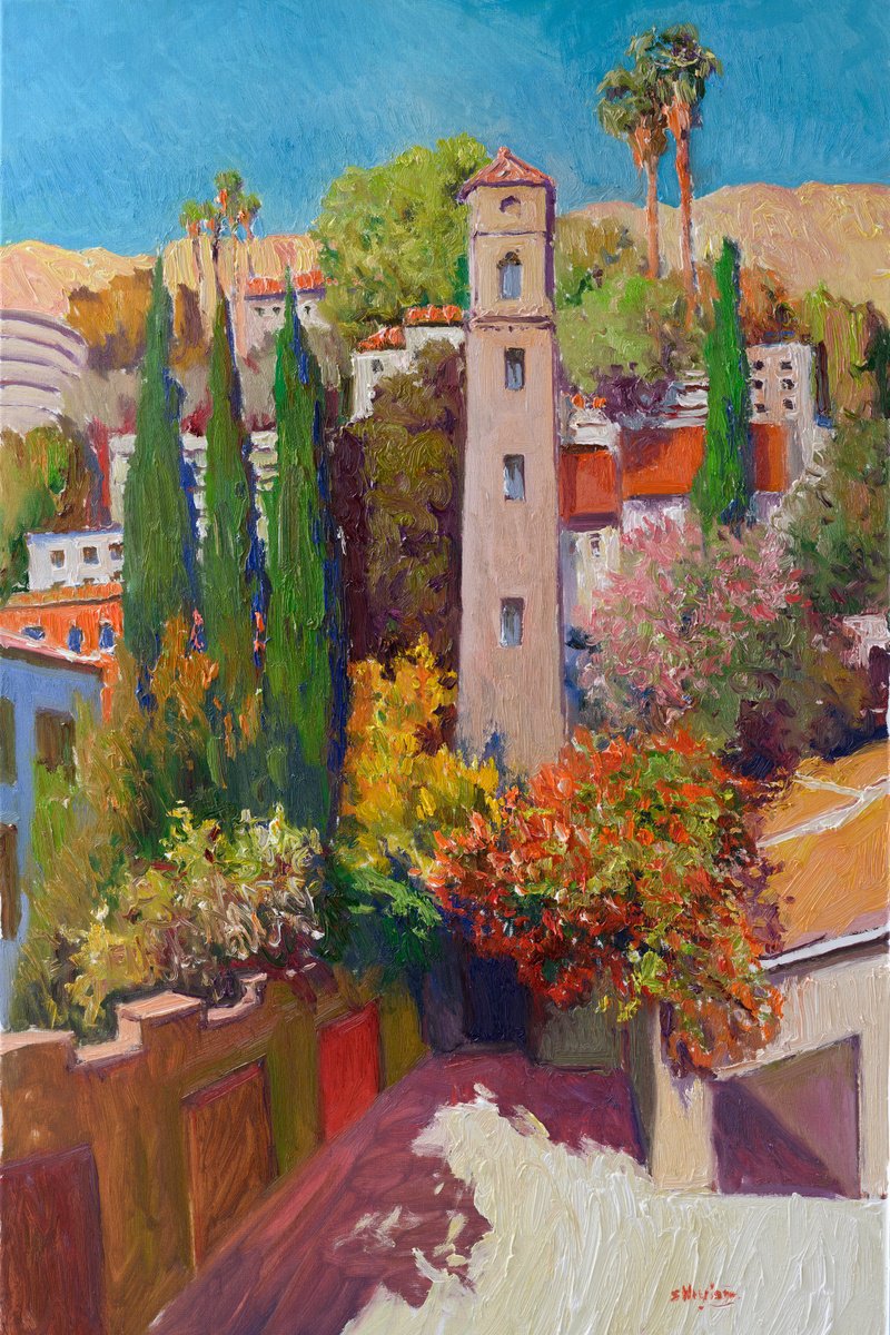 Expressive Cityscapes Oil Painting By Suren Nersisyan, 24 X 36", Hollywood Hills, Original Artwork