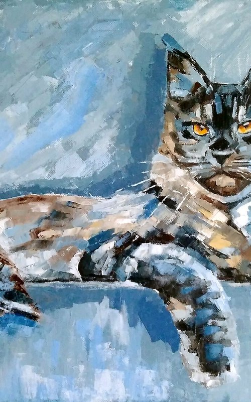 The Cat, Cat Oil Painting Maine Coon Original Art Tabby Cat Artwork Pet Portrait Wall Art 60x40 cm by Yulia Berseneva