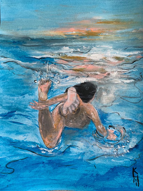 Underwater Painting for Home Decor, Swimmer Portrait Art Decor, Artfinder Gift Ideas