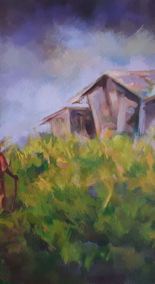Once there was a cottage, green landscape art by Alex Mensah