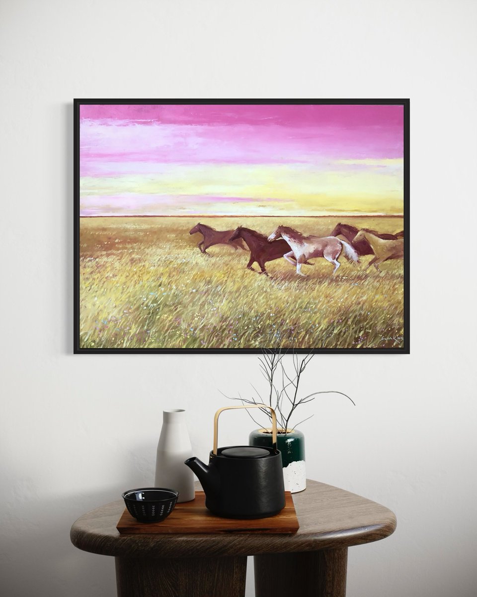 Impressionistic Landscape Oil Painting By Volodymyr Smoliak, 31 X 24", Wild Horses, Original Artwork