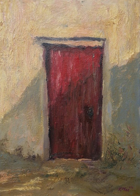 Old Red Door In Evening Sunlight