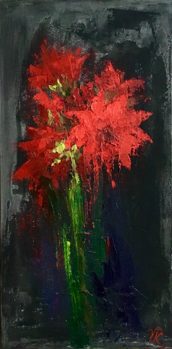 Impressionistic Botanical Oil Painting By Vera Klimova, 16 X 31", Amaryllis, Original Artwork