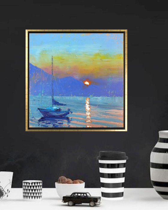 Sunset over Garda Lake, Italy Landscape, Oil Painting