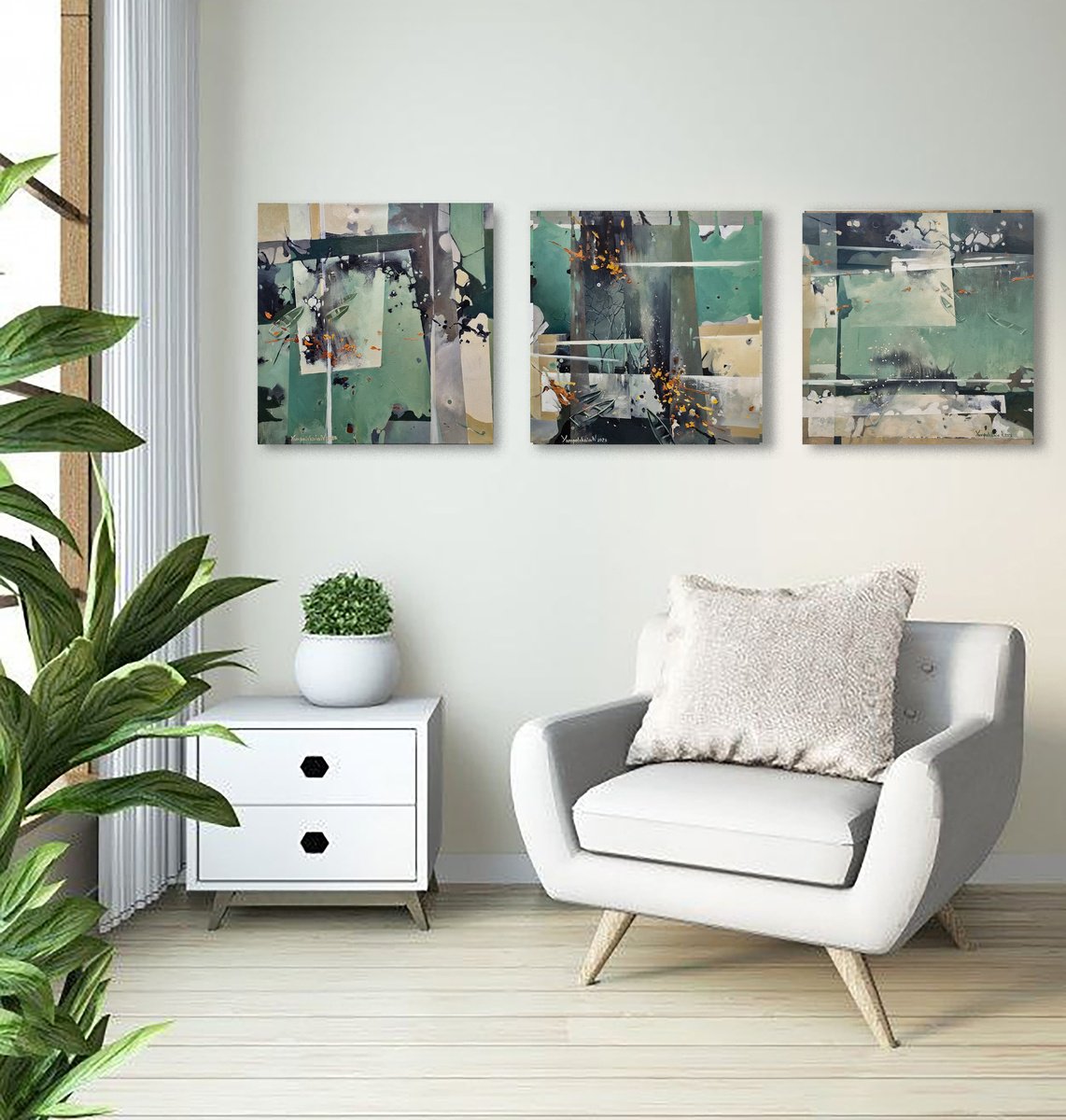 Abstract Landscape Oil Painting By Natalia Yampolskaia, 59 X 20", Lakes Of Being. Triptych, Original Artwork