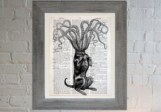 Octopus Good Dog - Collage Art Print on Large Real English Dictionary Vintage Book Page