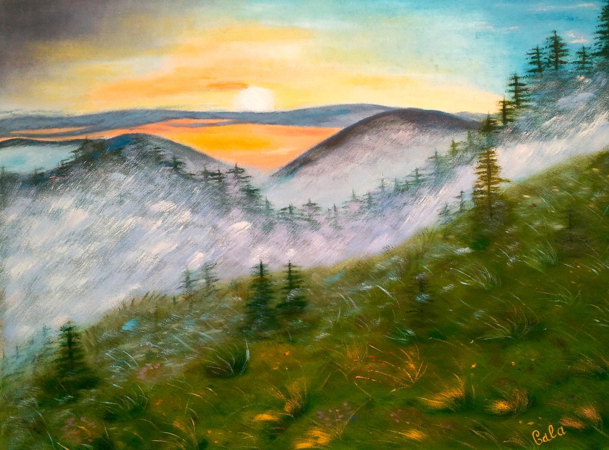 mountains landscape original oil painting impressionistic art sunrise in mountains mist in... by Halyna Kirichenko