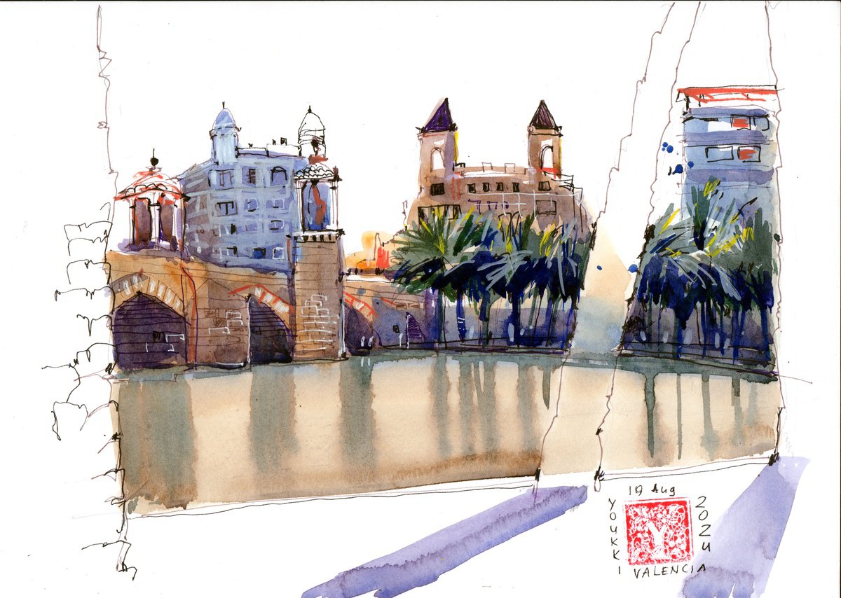 Impressionistic Cityscapes Watercolour By Anastasia Mamoshina, 12 X 8, Golden Reflections Of Valencia, Original Artwork