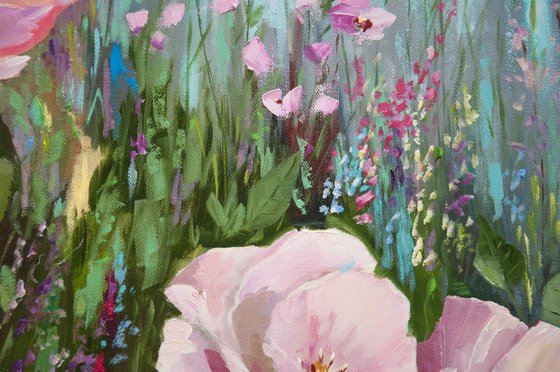 Flowers in my garden. Oil painting. Original Art. On canvas. 40 x 30in.