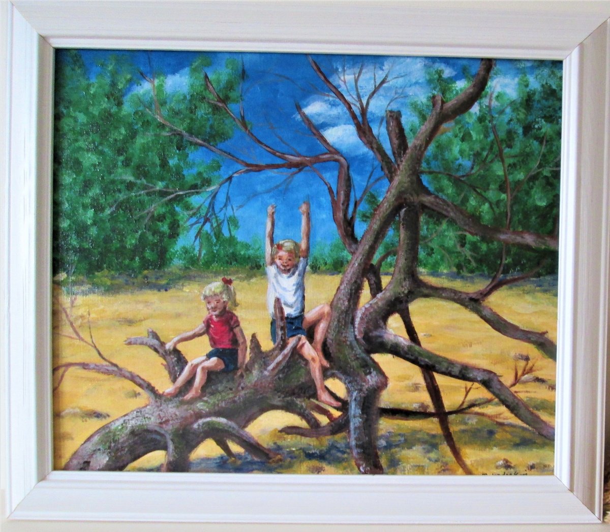Impressionistic Portrait Acrylic Painting By Marjansart, 14 X 12", Children Climbing A Tree, Original Artwork