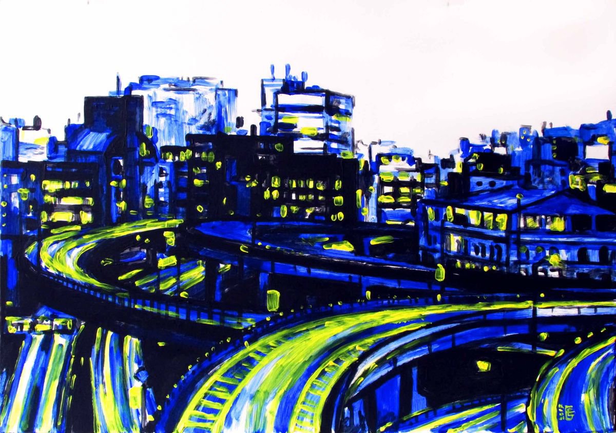 Impressionistic Cityscapes Acrylic Painting By Kateryna Bortsova, 30 X 21", Tokyo Roads Landscape Painting, Original Artwork