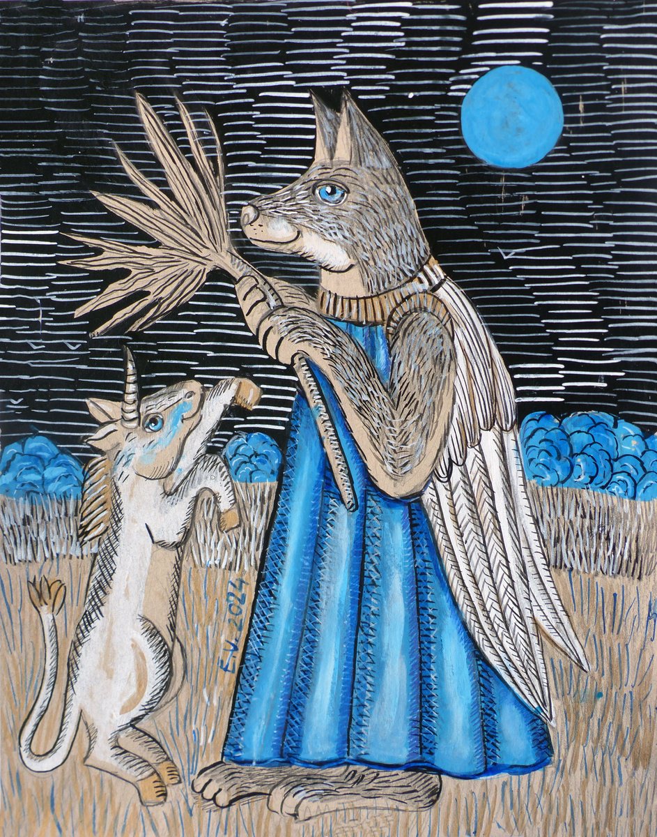Surrealistic Animal Painting By Elizabeth Vlasova, 11 X 14, Under The Shadow Of The Moon, Original Artwork