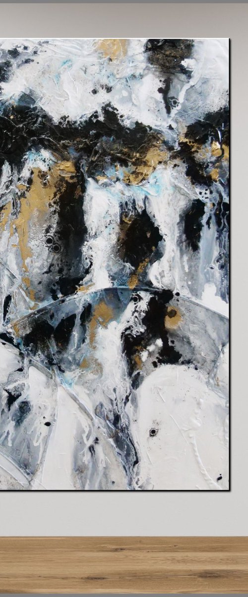 Golden Pepper 140cm x 180cm Black White Gold Textured Abstract Art by Franko