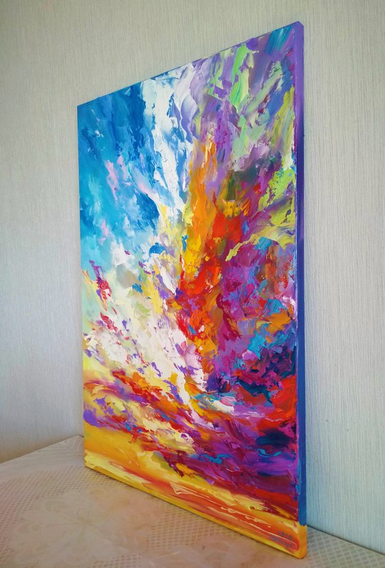 Abstract  sky  (In this landscape, I depicted that moment when it is not known whether the sun will peek out from behind the clouds, or whether the whole sky will be covered with thunderclouds. This is an allegory of human life, our feelings with you. This is what brings us a lot of trouble and suffering and at the same time, makes our life sparkle with various colors and makes the life of every person so beautiful and unique.)
