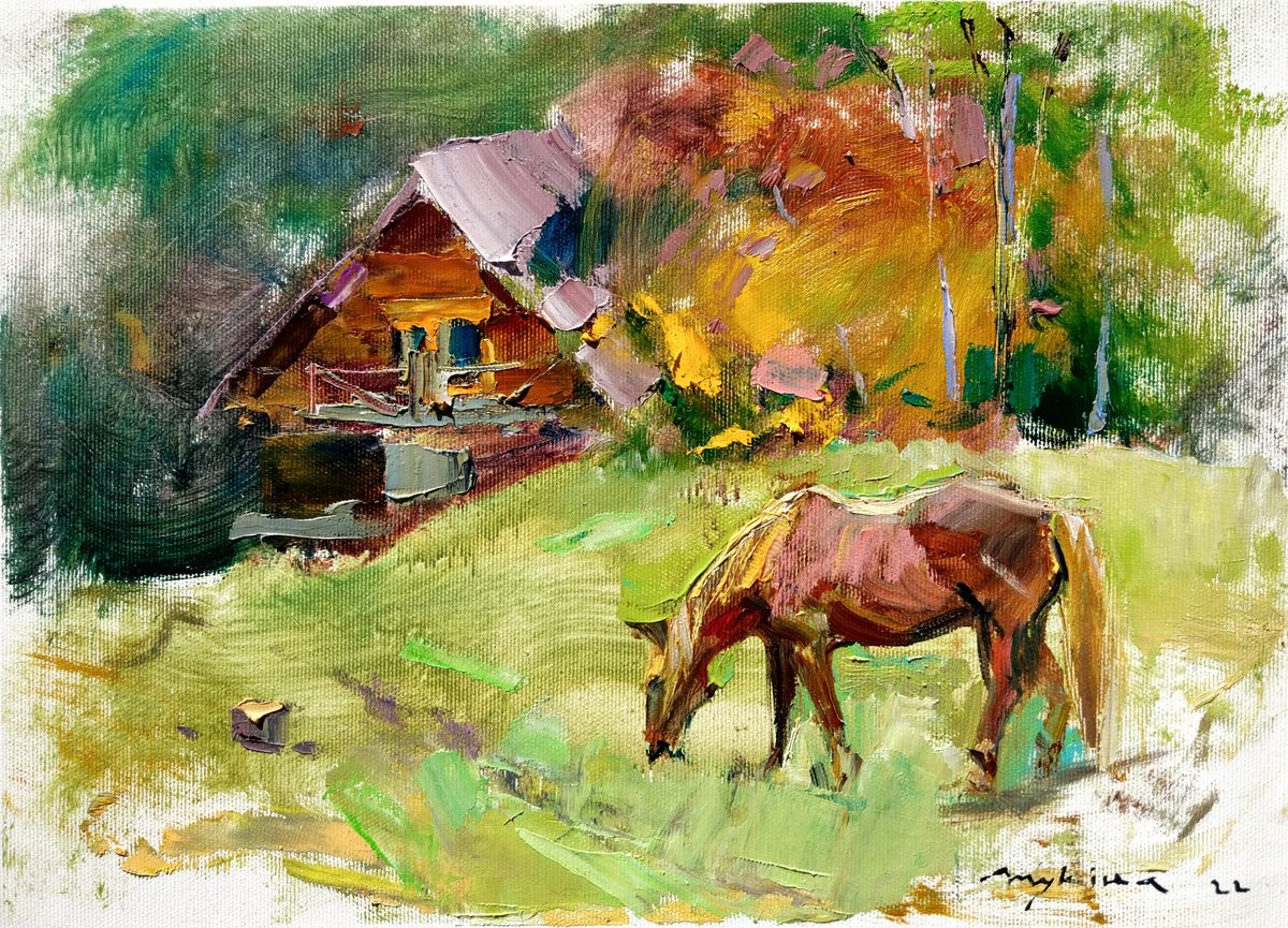 Moments of autumn in the mountains | Landscape with a horse and a house | A la prima etude... by Helen Shukina
