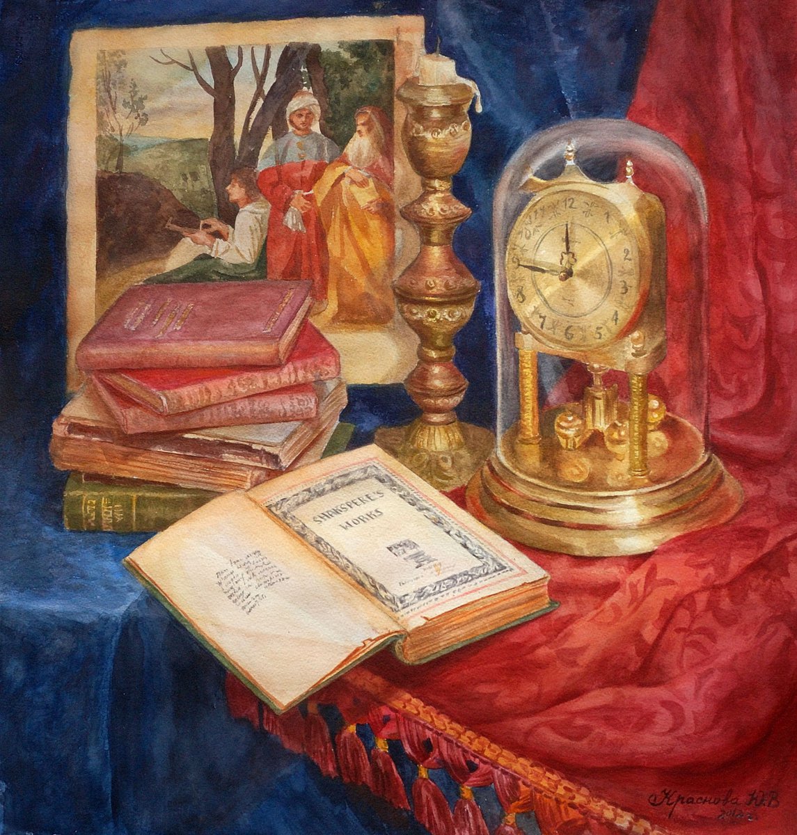 Photorealistic Still Life Watercolour By Yulia Krasnov, 20 X 22", Still Life With Clock, Original Artwork