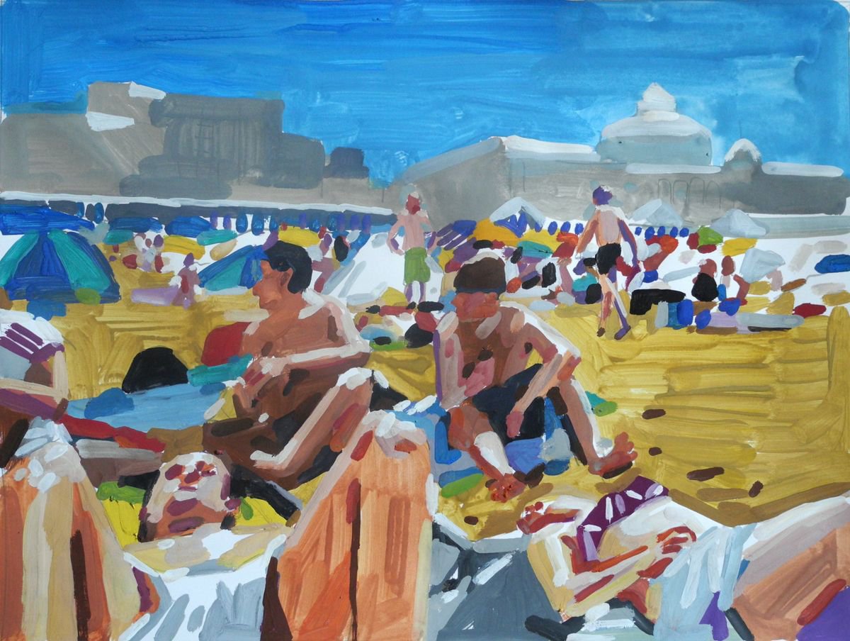 Expressive Portrait Painting By Stephen Abela, 23 X 17", Beach Scene - Brighton, Original Artwork